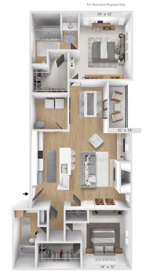 Floor plan for 2 beds, 2 baths, 1281 sqft